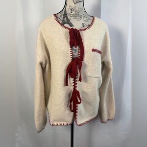 Sunday Edition NWOT Cream &Burgundy Trim Cardigan W/Front Tie Closure Size S